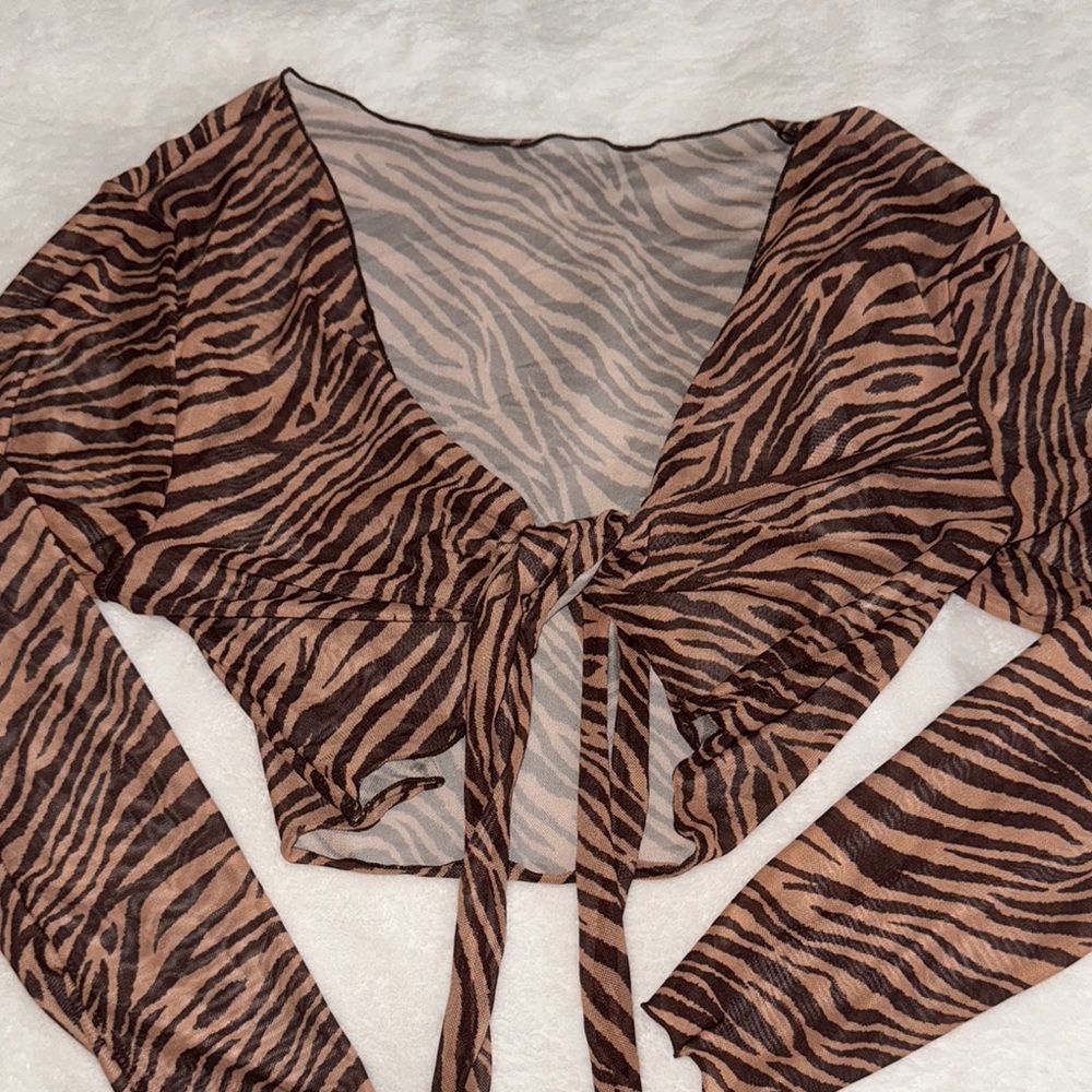 Brown and Cream Animal Print Tie-Front Crop Blouse